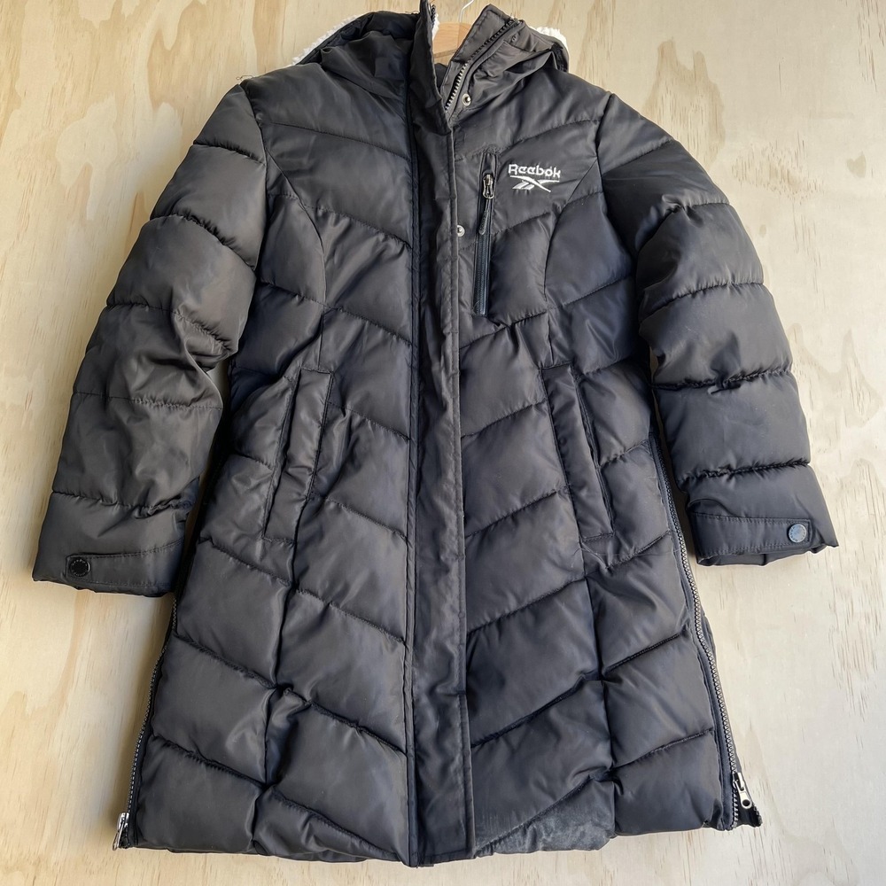 Reebok Jacket Kids 10/12‎ Black Hooded Long Puffer Sherpa Lined Winter Coat